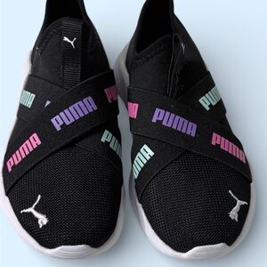 Puma Kids Black Slip-On Sneakers with Pastel Pink, Purple & Mint Logos